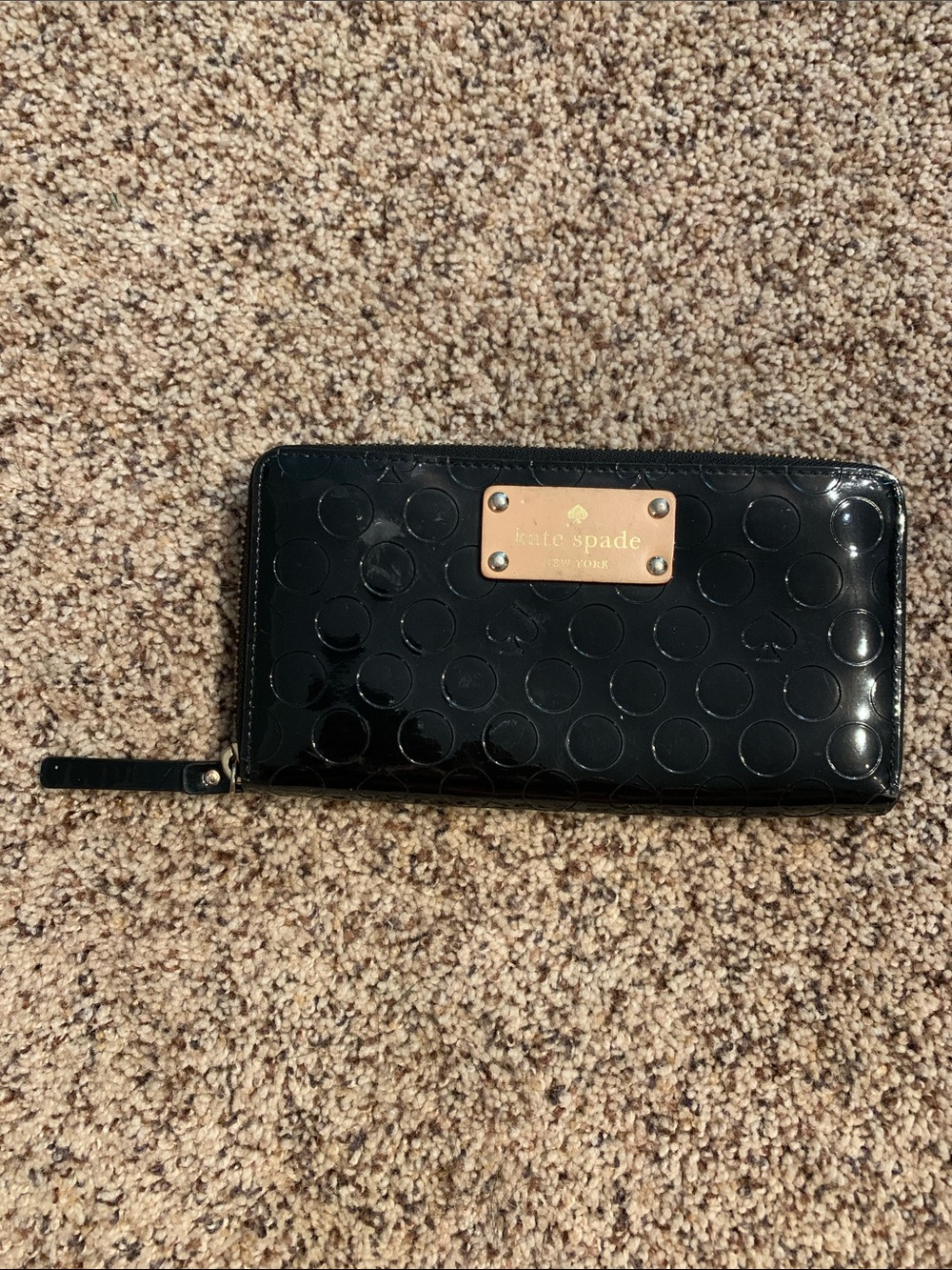 kate spade Black Patent Polka Dot Zip Around Wallet with Gold Plate